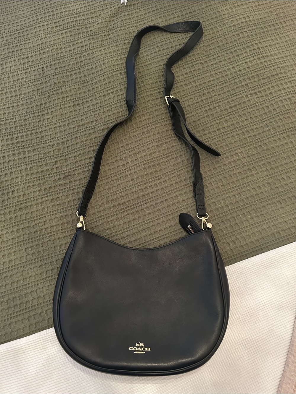 Coach Nomad Black Leather Crescent Crossbody Bag with Gold Hardware